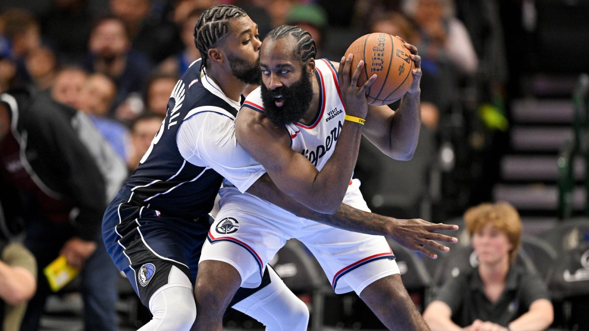 Clippers guard James Harden (1) looks on during the second half against the Dallas Mavericks in an NBA Cup game at the American Airlines Center
