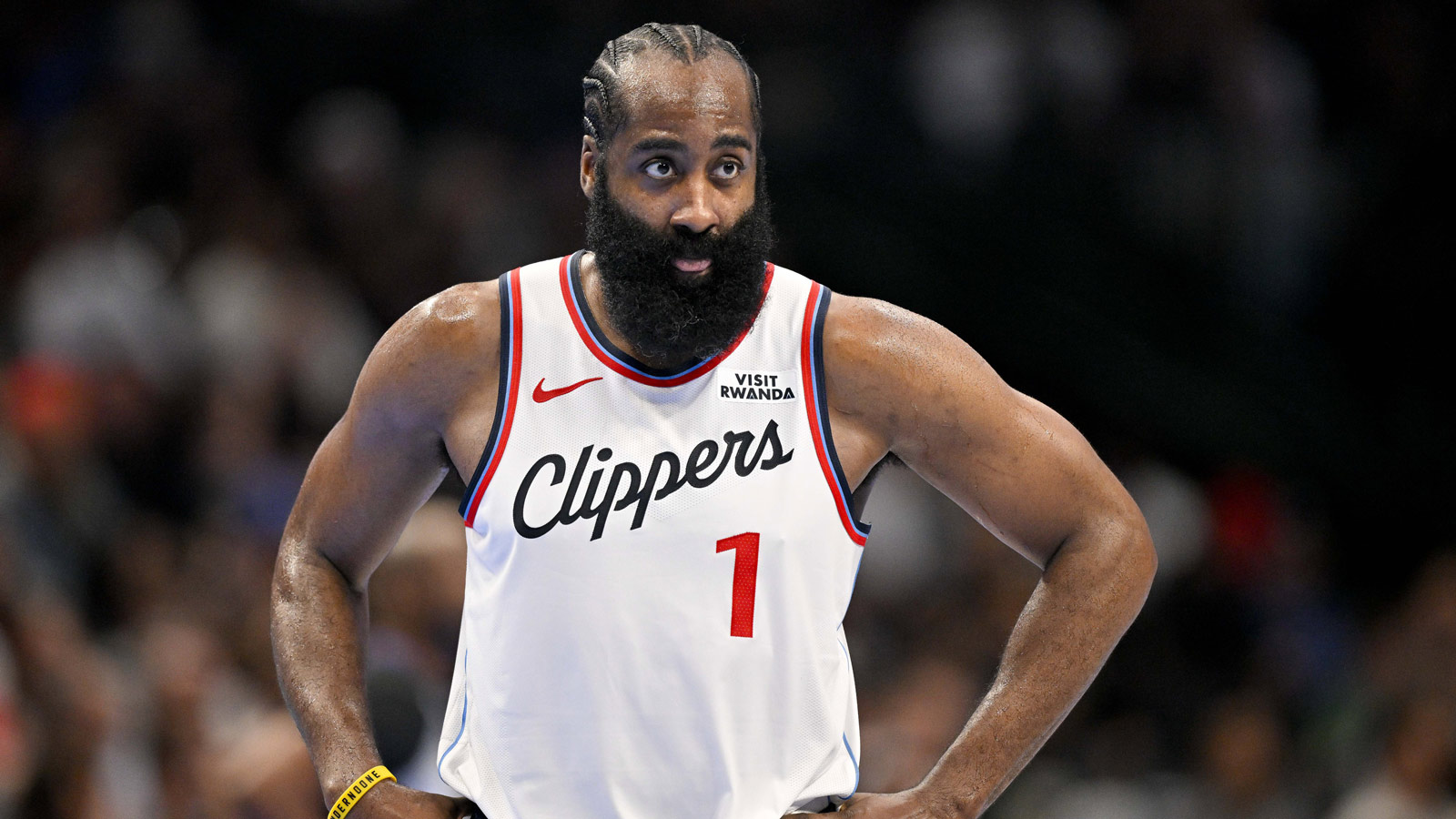Clippers guard James Harden (1) looks on during the second half against the Dallas Mavericks in an NBA Cup game at the American Airlines Center