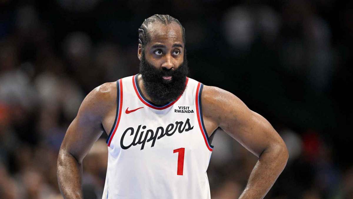 Clippers guard James Harden (1) looks on