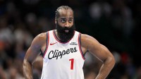 Clippers guard James Harden (1) looks on