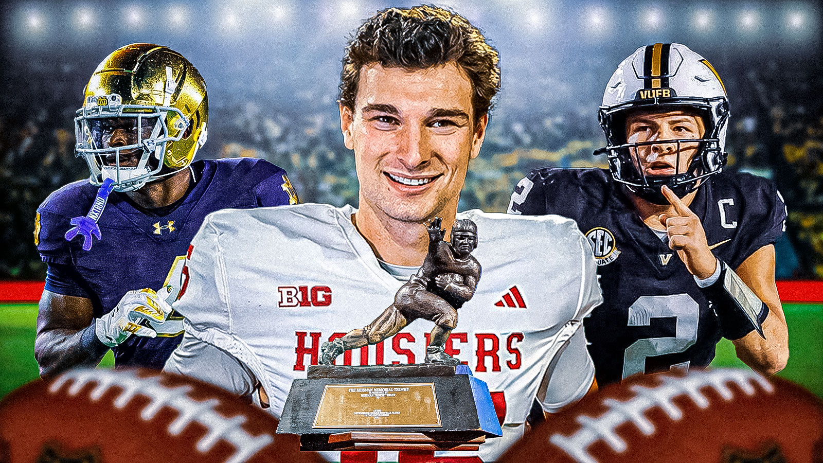 Fernando Mendoza in the middle, Diego Pavia and Jereiyah Love on the outsides. Heisman trophy in the background.