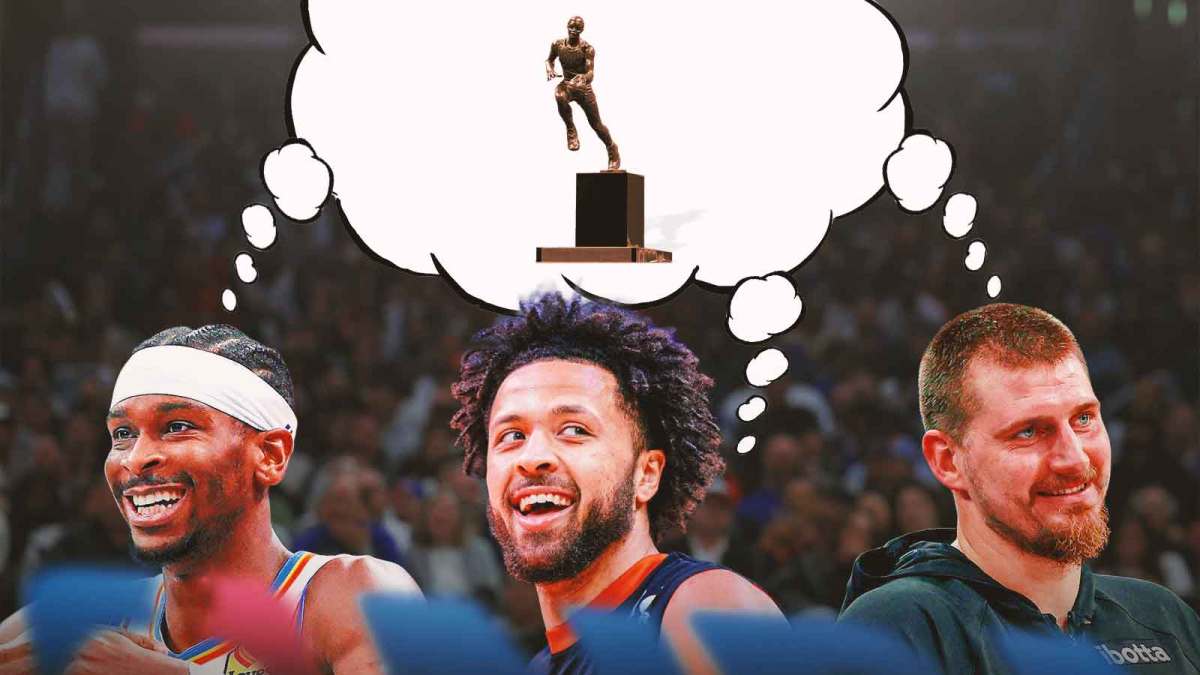 Cade Cunningham, Shai Gilgeous-Alexander, and Nikola Jokic thinking about NBA MVP trophy