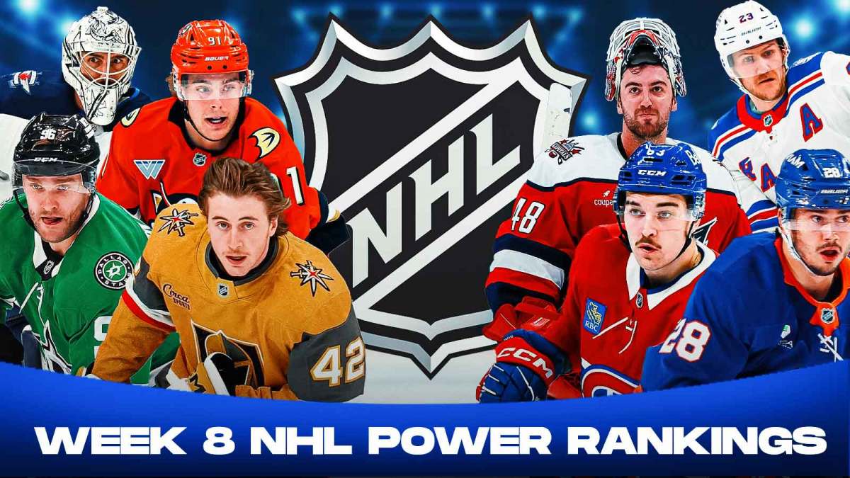 Mikko Rantanen, Braeden Bowman, Leo Carlsson and Connor Hellebuyck on one side, Florian Xhekaj, Alexander Romanov, Adam Fox and Logan Thompson on other side, NHL logo in middle, hockey rink in background, Text: Week 8 NHL Power Rankings