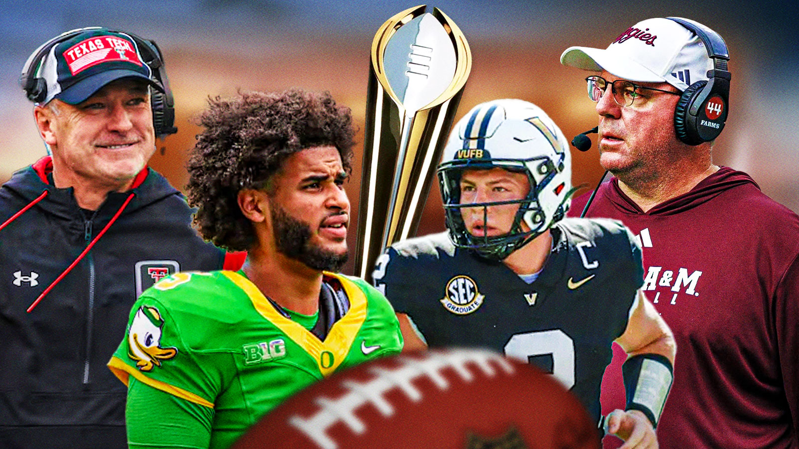 Texas A&M head coach Mike Elko, Vanderbilt QB Diego Pavia, Oregon QB Dante Moore, Texas Tech HC Joey McGuire CFP championship trophy in front