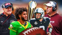 Texas A&M head coach Mike Elko, Vanderbilt QB Diego Pavia, Oregon QB Dante Moore, Texas Tech HC Joey McGuire CFP championship trophy in front