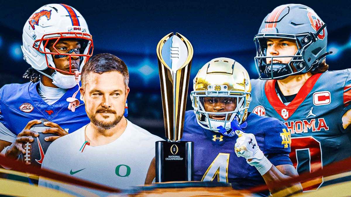 SMU QB Kevin Jennings, Oregon HC Dan Lanning, Oklahoma QB John Mateer, Notre Dame RB Jeremiyah Love CFP trophy in front