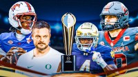 SMU QB Kevin Jennings, Oregon HC Dan Lanning, Oklahoma QB John Mateer, Notre Dame RB Jeremiyah Love CFP trophy in front