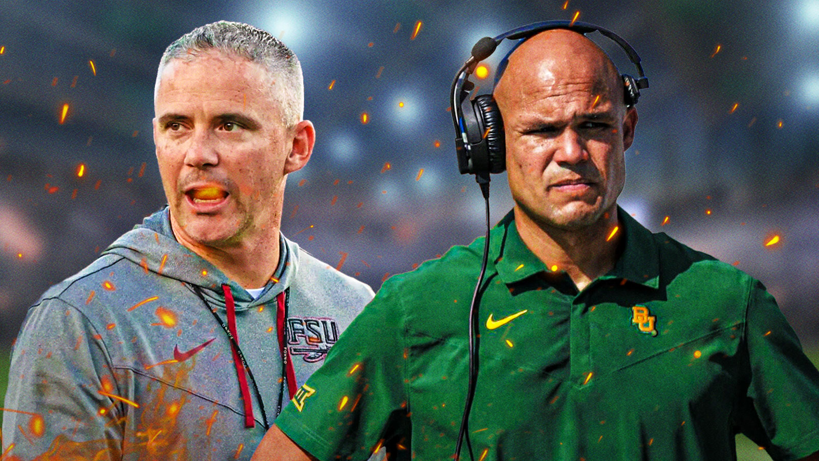 Mike Norvell and Dave Arnada with fire around them