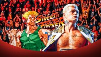 Guile and Street Fighter logo with the star of the movie, WWE Superstar Cody Rhodes.