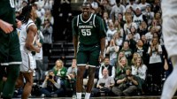 Michigan State's Coen Carr celebrates after an assist to Carson Cooper during the first half in the game against San Jose State on Thursday, Nov. 13, 2025, at the Breslin Center in East Lansing.