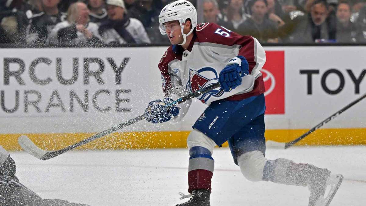 Colorado Avalanche center Gavin Brindley (54) shoots the puck against the Los Angeles Kings at Crypto.com Arena.