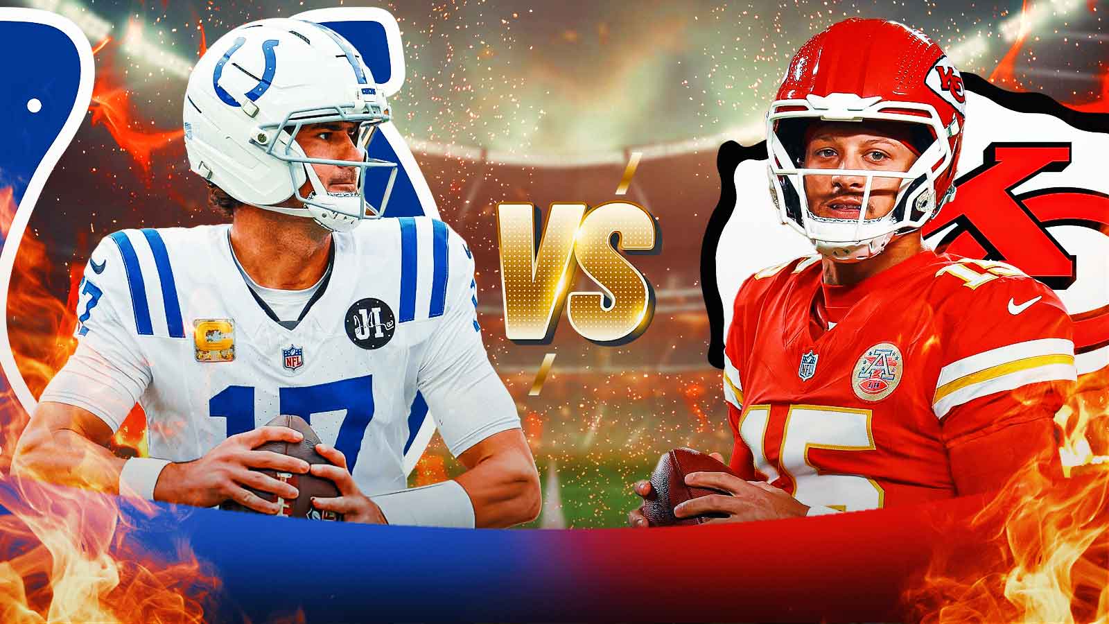 Daniel Jones with Colts logo behind him on the left. VS in the middle. Patrick Mahomes and the Chiefs logo behind him on the right.