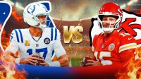 Daniel Jones with Colts logo behind him on the left. VS in the middle. Patrick Mahomes and the Chiefs logo behind him on the right.