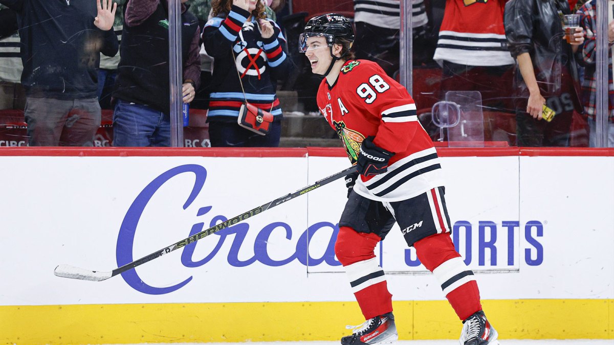 Chicago Blackhawks center Connor Bedard (98) celebrates after scoring against the Calgary Flames during the second period at United Center.