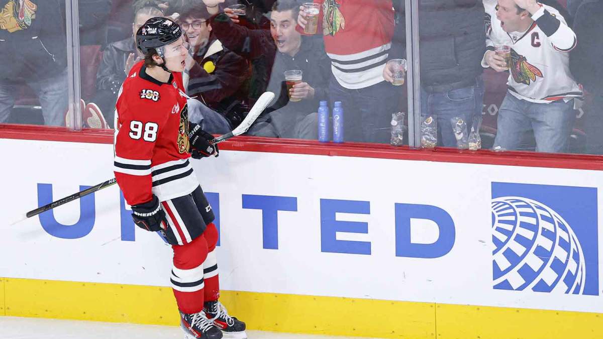 Chicago Blackhawks center Connor Bedard (98) celebrates after scoring against the Calgary Flames during the third period at United Center.
