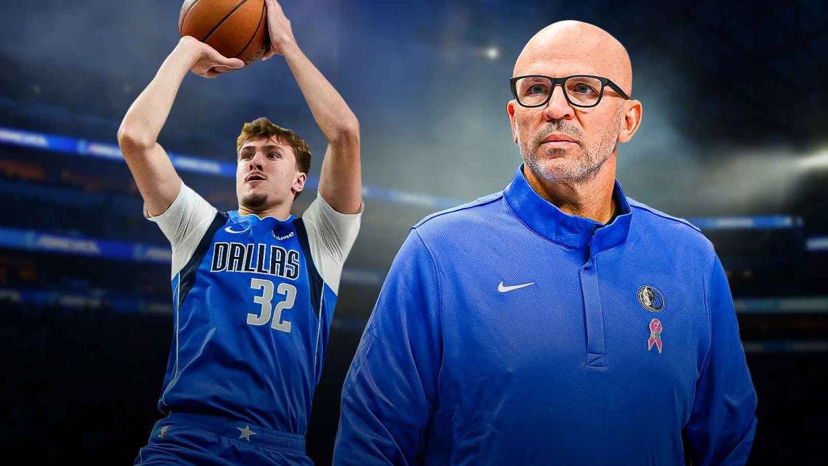 Mavericks Cooper Flagg shooting a basketball on left, Mavericks Jason Kidd looking serious on right.
