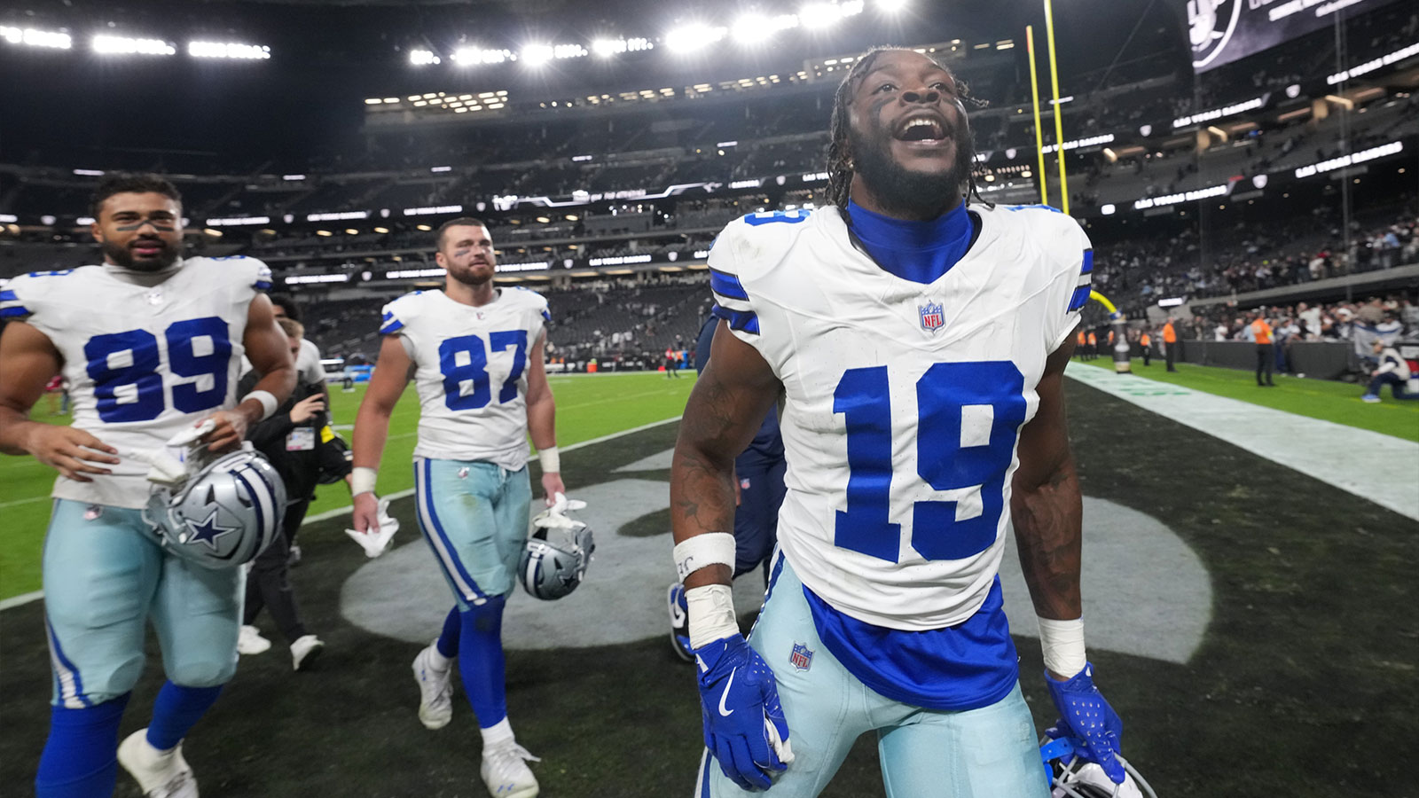 Dallas Cowboys wide receiver Ryan Flournoy (19) reacts towards the stands as he leaves the field following a game against the Las Vegas Raiders at Allegiant Stadium.