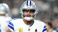 Dallas Cowboys quarterback Dak Prescott (4) warms up prior to a game against the Las Vegas Raiders at Allegiant Stadium.