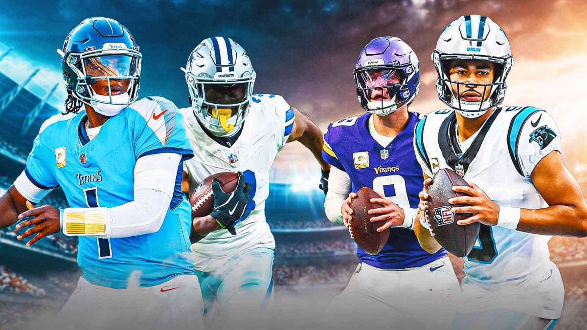 One half of the picture green with Titans QB Cam Ward and Cowboys WR George Pickens on it. Other half of the picture red with Panthers QB Bryce Young and Vikings QB JJ McCarthy on it