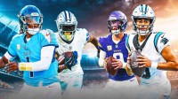 One half of the picture green with Titans QB Cam Ward and Cowboys WR George Pickens on it. Other half of the picture red with Panthers QB Bryce Young and Vikings QB JJ McCarthy on it