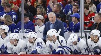 Toronto Maple Leafs head coach Craig Berube reacts on the bench during the first period at United Center.