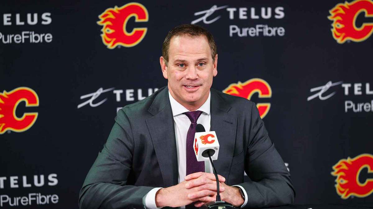 Calgary Flames general manager Craig Conroy during interview after the game against the Anaheim Ducks at Scotiabank Saddledome