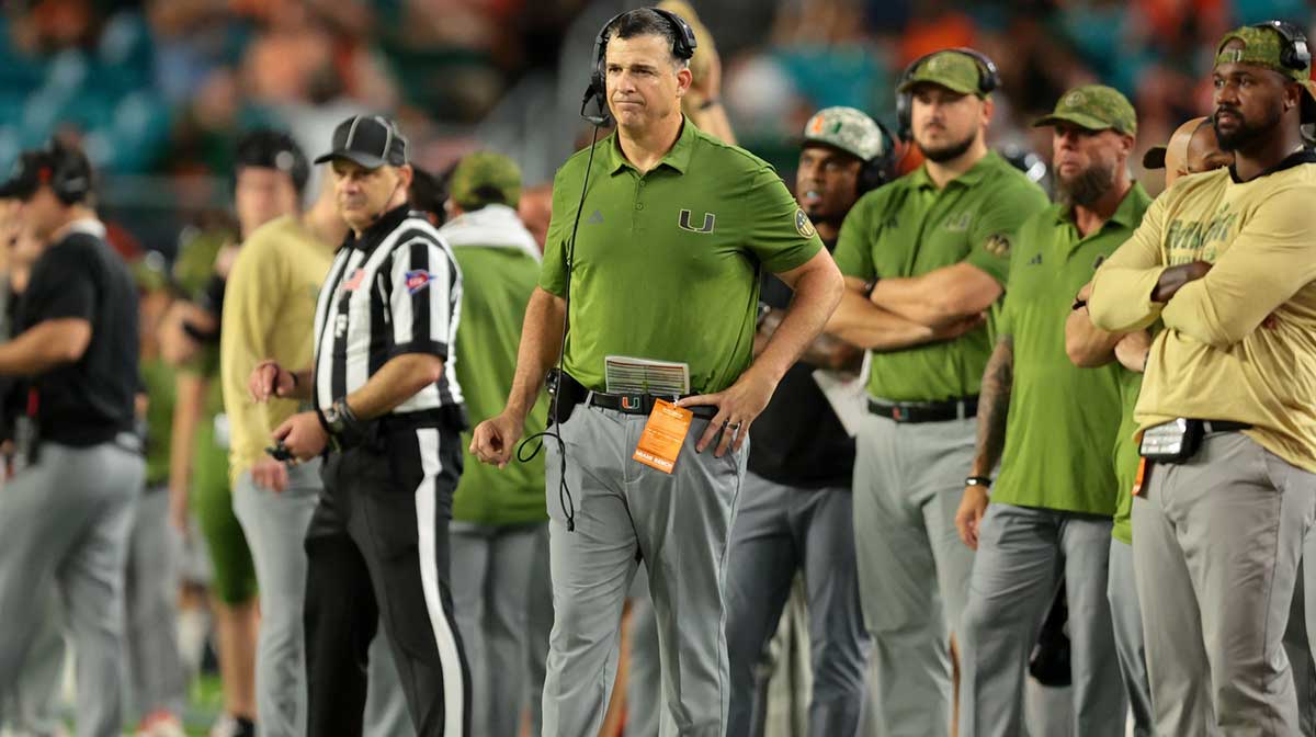 Miami Hurricanes head coach Mario Cristobal watches from the sideline against the Stanford Cardinal during the fourth quarter at Hard Rock Stadium.