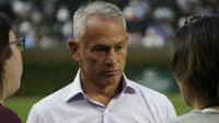 Chicago Cubs president Jed Hoyer talks to the press before a game against the New York Mets at Wrigley Field.