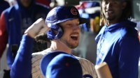 Chicago Cubs right fielder Kyle Tucker (30) reacts in the dugout after hitting a home run against the Milwaukee Brewers during the seventh inning for game four of the NLDS round for the 2025 MLB playoffs at Wrigley Field.