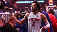 Detroit Pistons guard Cade Cunningham (2) celebrates after a victory over the Atlanta Hawks at State Farm Arena.