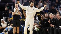 Golden State Warriors guard Stephen Curry celebrates a 3-point basket by teammate Al Horford against the Indiana Pacers during the fourth quarter at Chase Center.