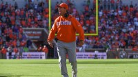 Clemson Tigers head coach Dabo Swinney yells down field Saturday, Nov. 1, 2025, during the NCAA football game against the Duke Blue Devils at Memorial Stadium in Clemson, South Carolina.