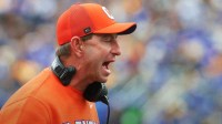 Clemson Tigers head coach Dabo Swinney reacts against the Pittsburgh Panthers during the second quarter at Acrisure Stadium.