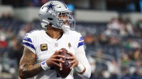 Dallas Cowboys quarterback Dak Prescott (4) warms up before the game against the Philadelphia Eagles at AT&T Stadium.