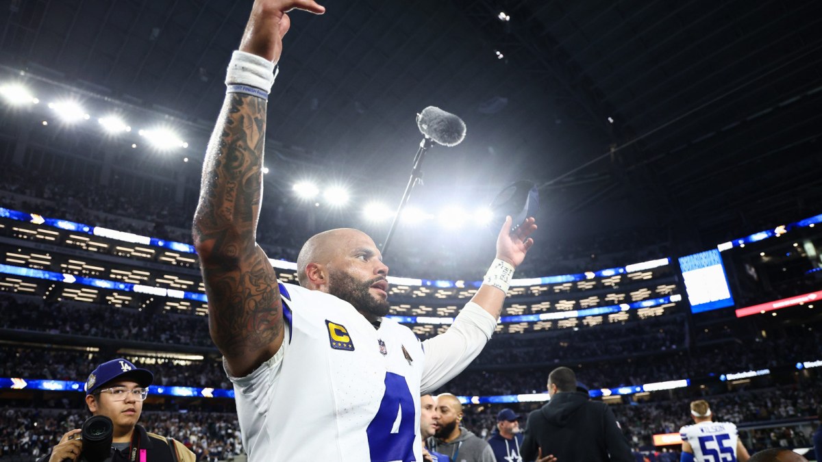 Dallas Cowboys quarterback Dak Prescott (4) reacts after the game against the Philadelphia Eagles at AT&T Stadium.