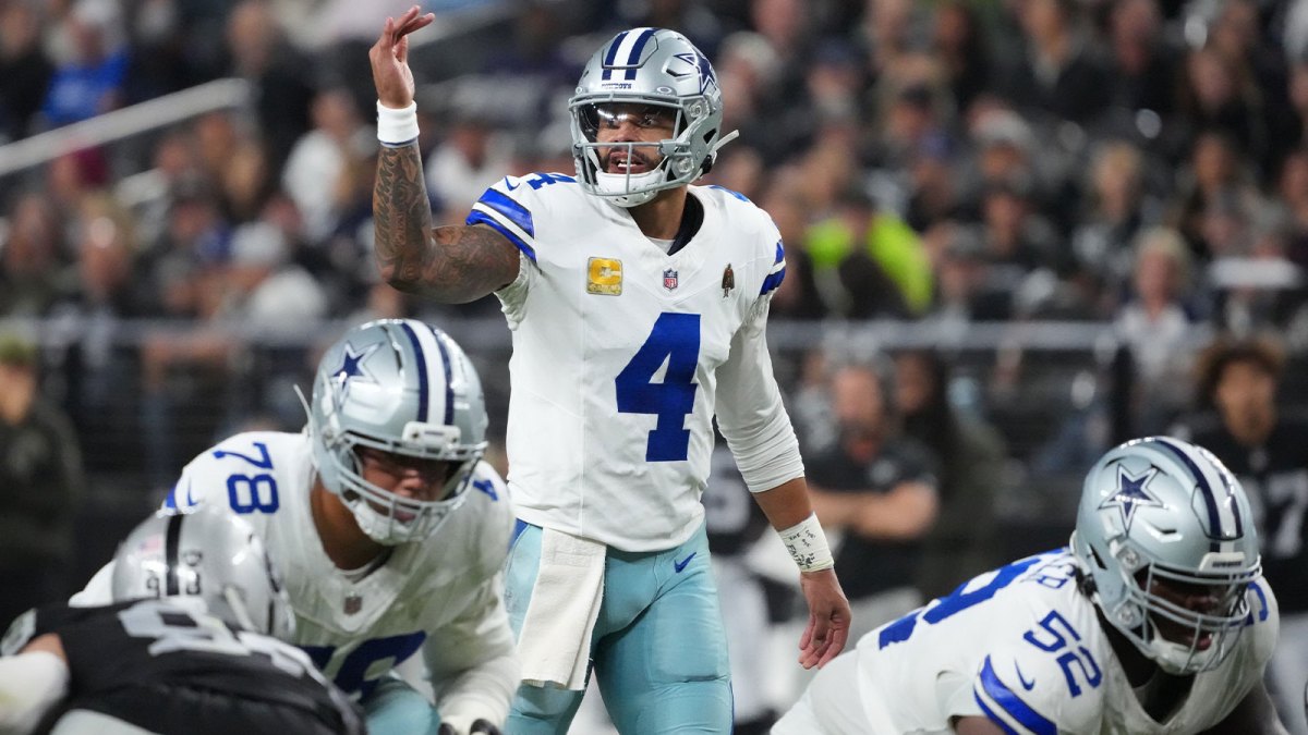 Dallas Cowboys quarterback Dak Prescott (4) gestures at the line of scrimmage against the Las Vegas Raiders during the second half at Allegiant Stadium.