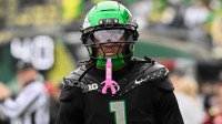 Oregon Ducks wide receiver Dakorien Moore (1) warms up before the game against the Indiana Hoosiers at Autzen Stadium.