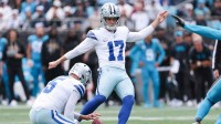 Dallas Cowboys kicker Brandon Aubrey (17) kicks a field goal during the first quarter against the Carolina Panthers at Bank of America Stadium.