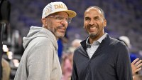 Dallas Mavericks head coach Jason Kidd (left) and general manager Nico Harrison (right) look on before the game against the Oklahoma City Thunder at Dickie's Arena.