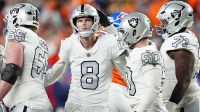 Las Vegas Raiders kicker Daniel Carlson (8) reacts after missing a field goal against the Denver Broncos during the second half at Empower Field at Mile High.