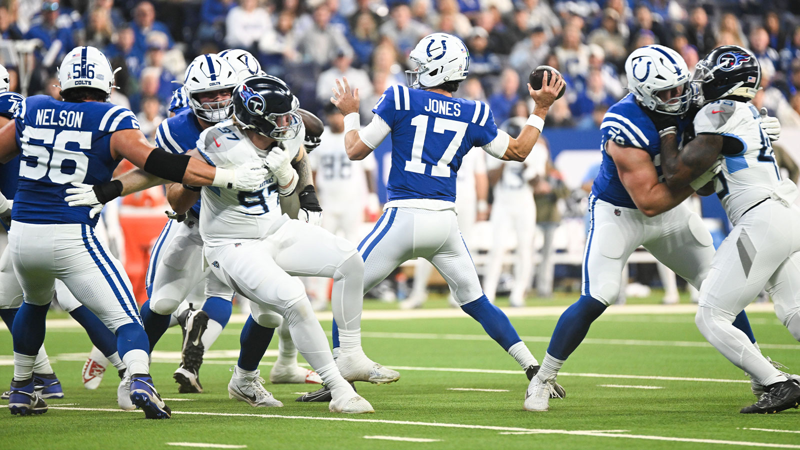 Indianapolis Colts quarterback Daniel Jones (17) throws a pass during the first quarter against the Tennessee Titans at Lucas Oil Stadium.