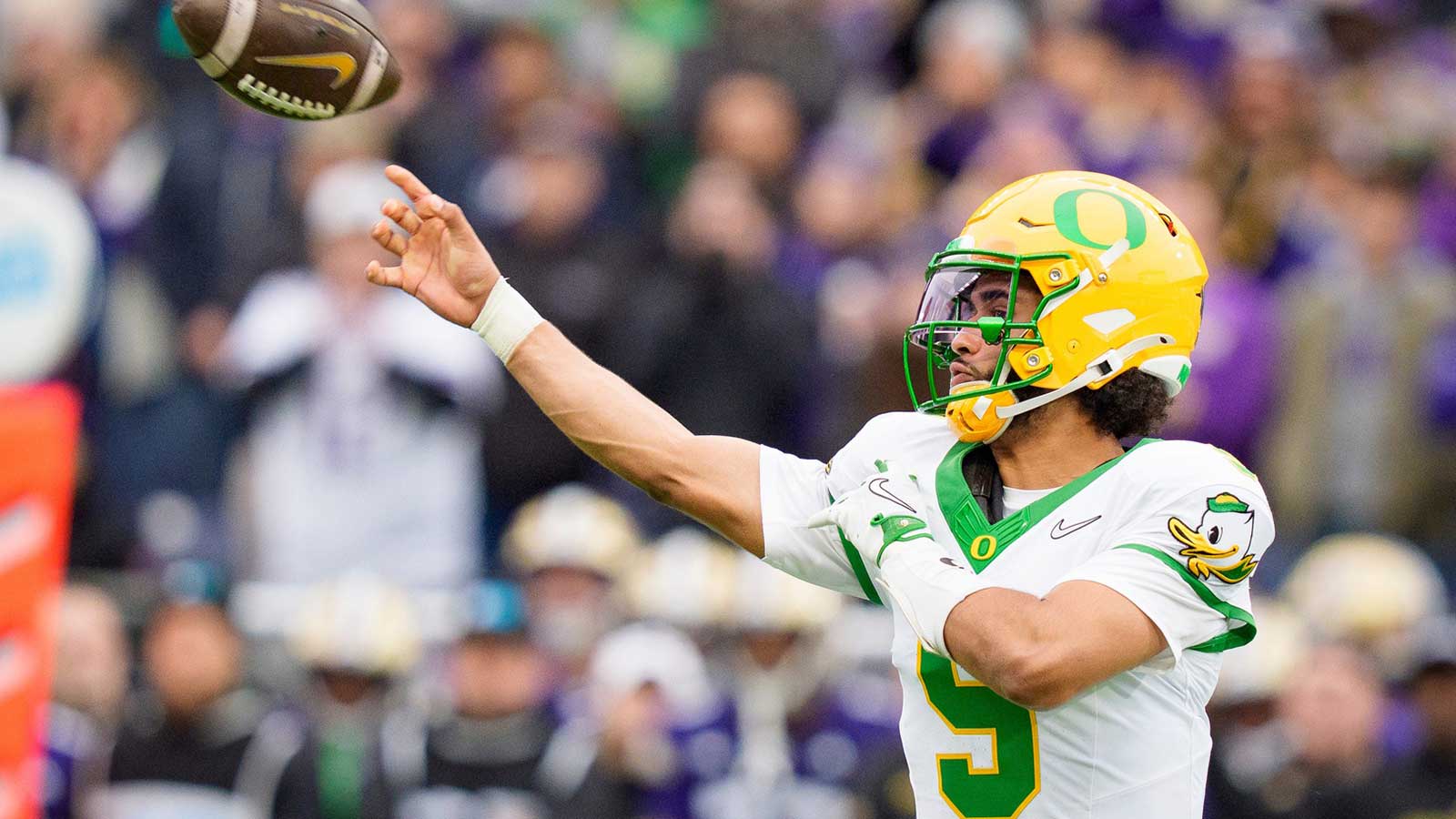 Oregon quarterback Dante Moore throws a pass as the Oregon Ducks take on the Washington Huskies on Nov. 29, 2025, at Husky Stadium in Seattle, Washington.