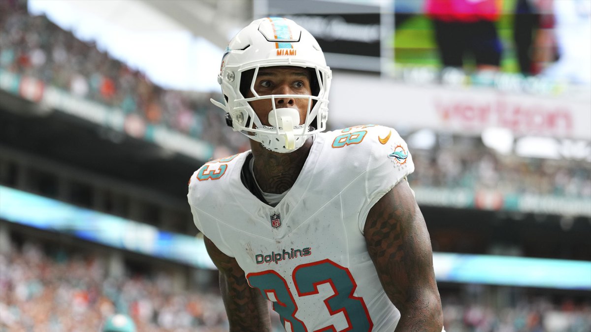 Miami Dolphins tight end Darren Waller (83) celebrates after scoring a touchdown against the Los Angeles Chargers during the fourth quarter at Hard Rock Stadium.