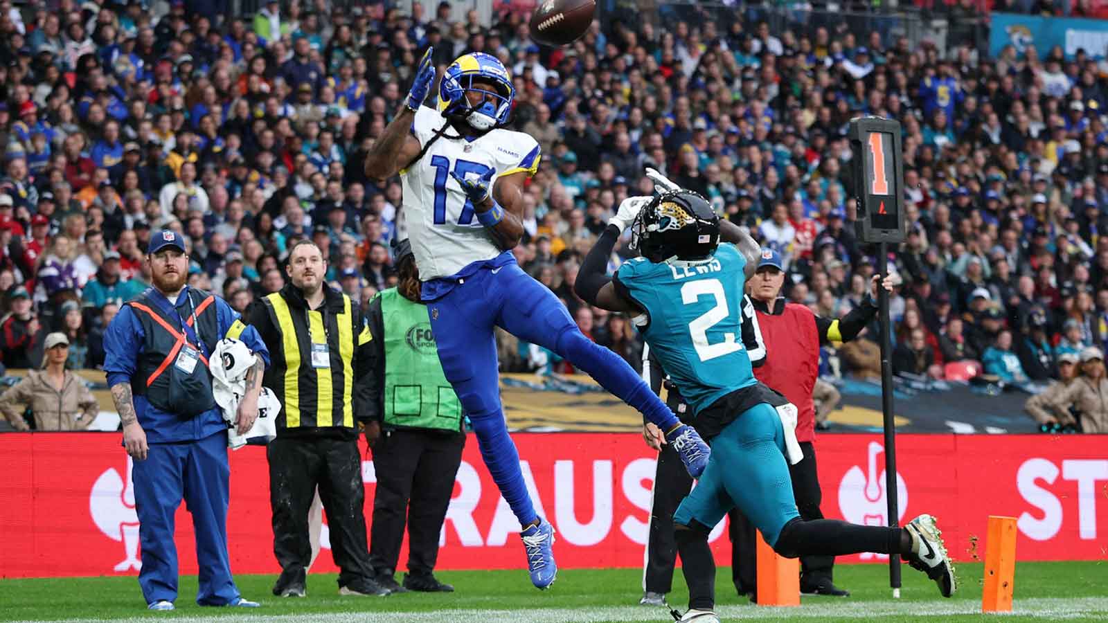 London, United Kingdom; Los Angeles Rams wide receiver Davante Adams (17) makes a catch for a touchdown against Jacksonville Jaguars cornerback Jourdan Lewis (2) during the first half during a NFL International Series game at Wembley Stadium.