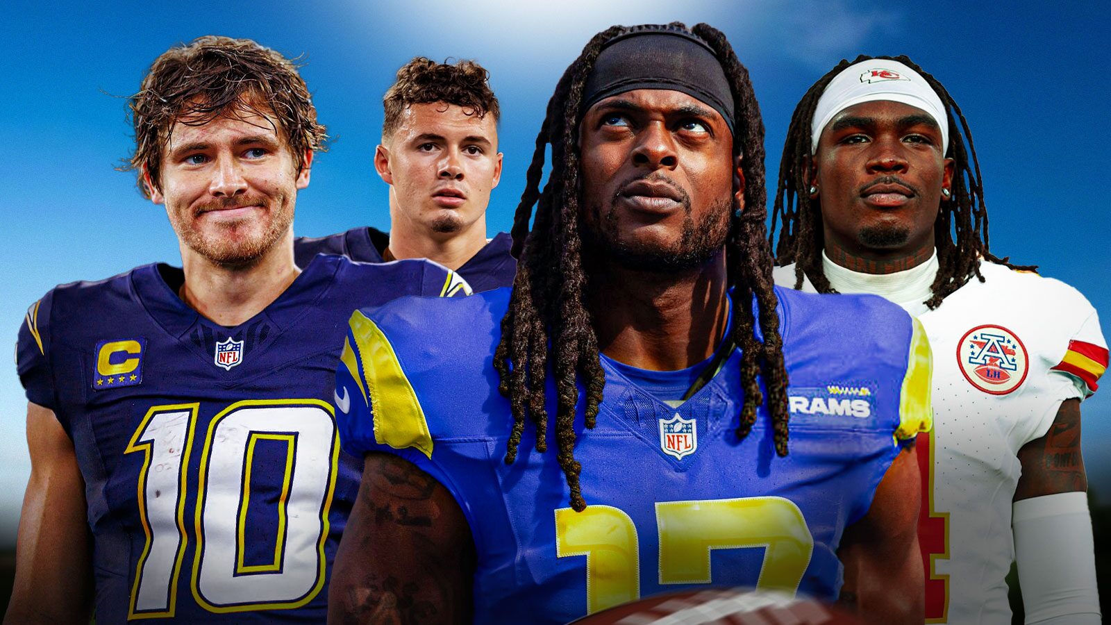 Davante Adams, Rashee Rice, Justin Herbert, Dalton Kincaid all beside each other, Blue skies in the background