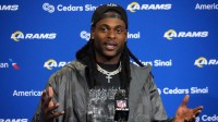 Los Angeles Rams wide receiver Davante Adams at a press conference after a NFL International Series game against the Jacksonville Jaguars at Wembley Stadium.
