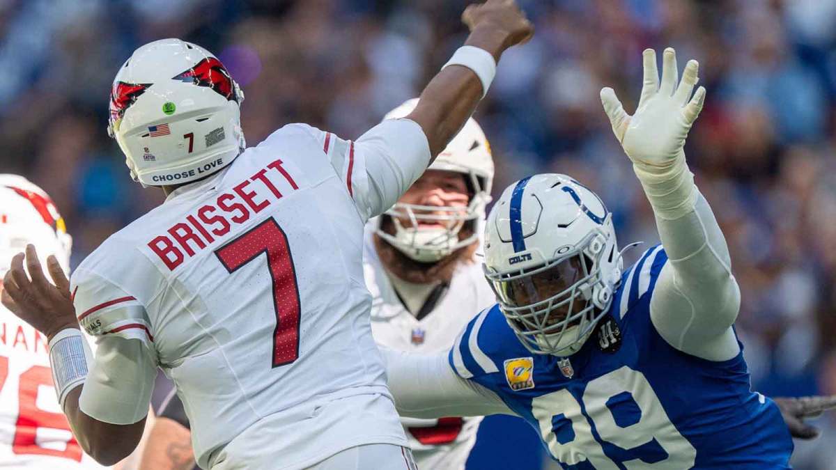 Indianapolis Colts defensive tackle Deforest Buckner (99) pressures Arizona Cardinals quarterback Jacoby Brissett (7) on Sunday, Oct. 12, 2025, at Lucas Oil Stadium in Indianapolis.