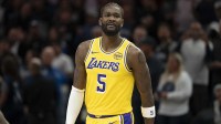 Los Angeles Lakers center Deandre Ayton (5) looks on against the Minnesota Timberwolves in the first half at Target Center.