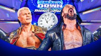 Cody Rhodes and Drew McIntyre with a stopwatch and WWE Friday Night SmackDown background.
