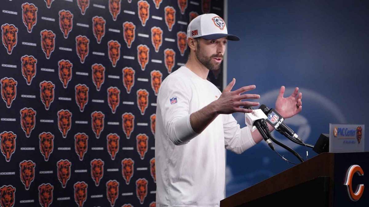 Chicago Bears offensive coordinator Declan Doyle answers questions after rookie minicamp at Halas Hall.